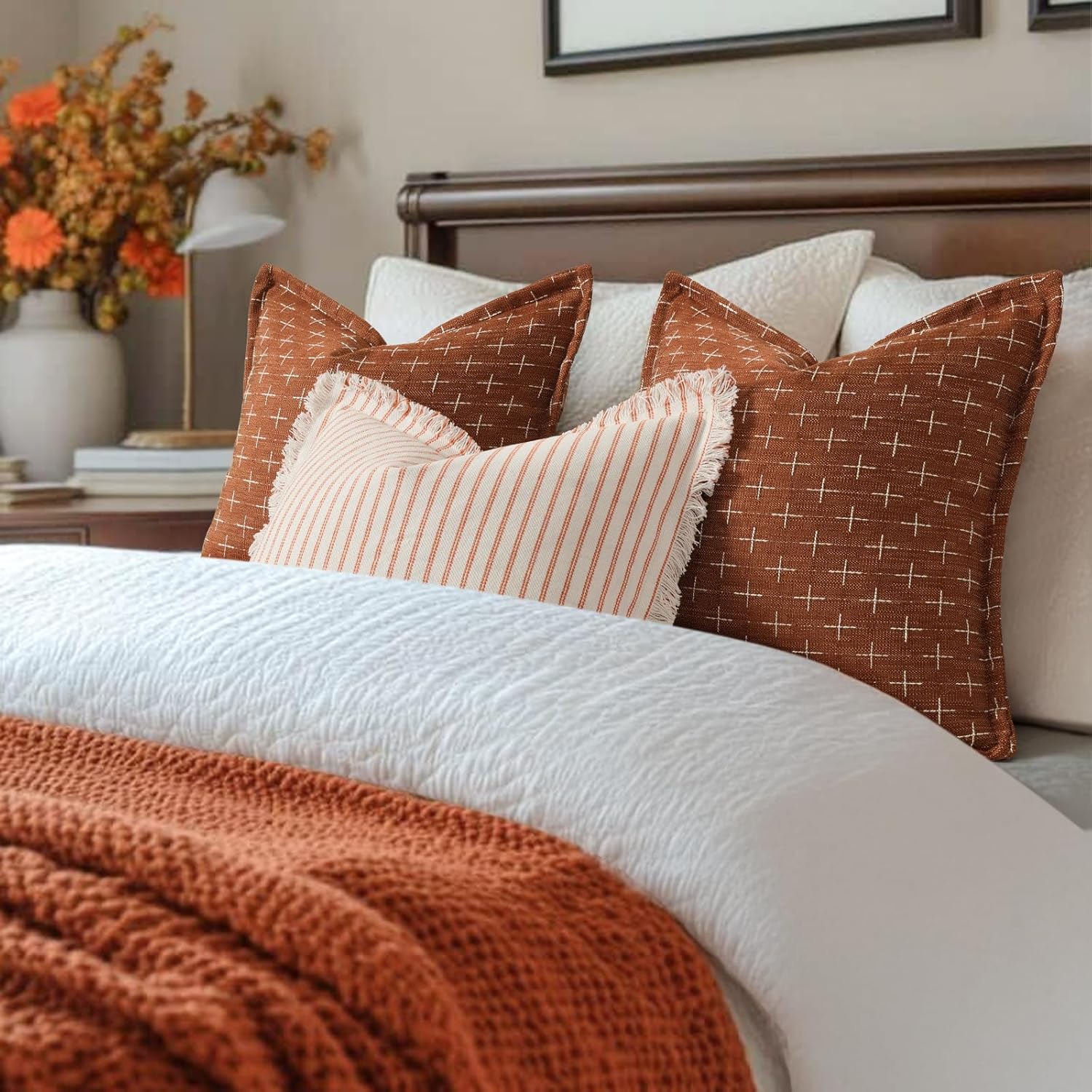 ZWJD Fall Throw Pillow Covers 26x26 Set of 2 Soft Polyester Textured Rust Pillow Covers with