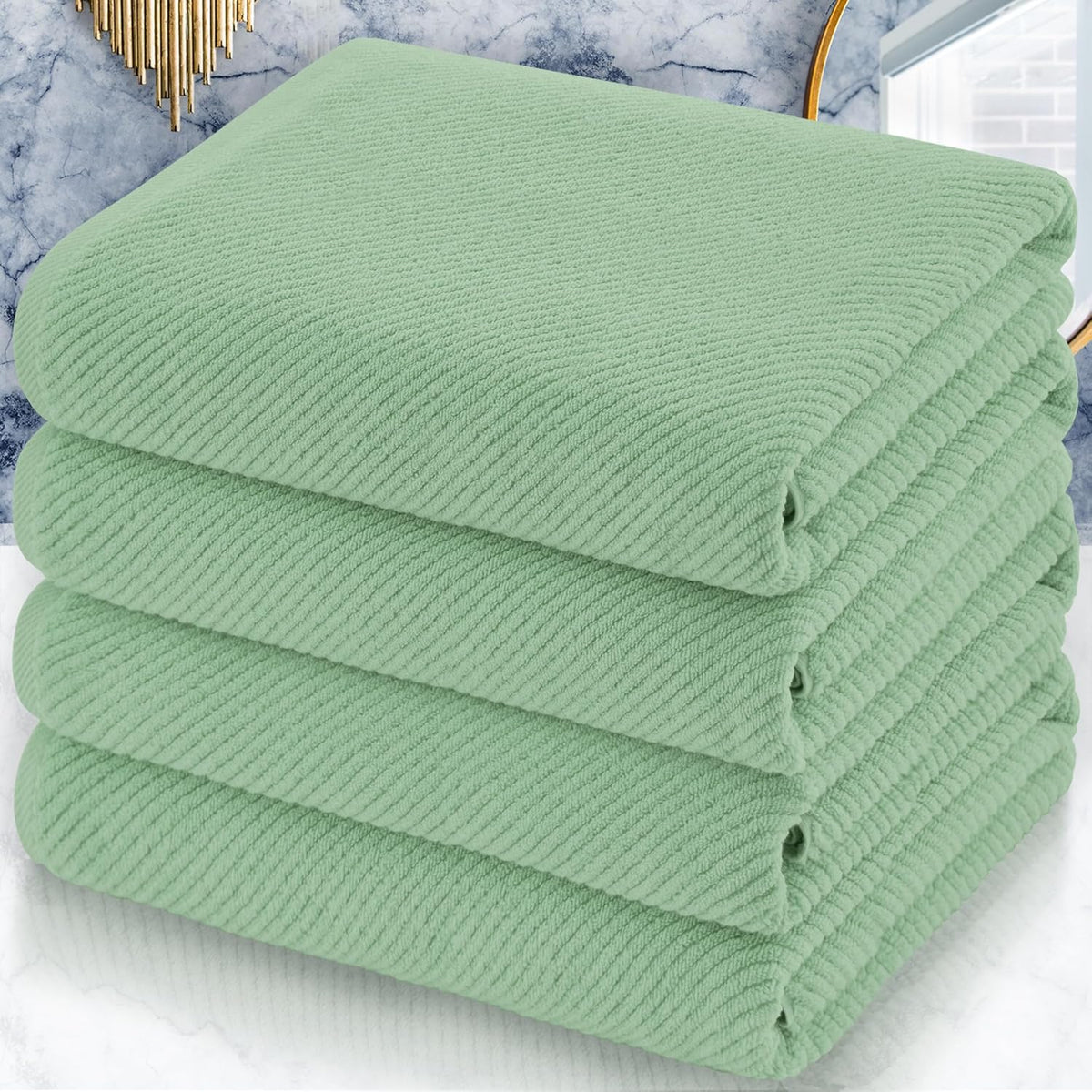 VOOVA & MOVAS Green Bath Towels (4PC, 30"x56") - 100% Cotton | Quick Dry | Light Weight | Thick |