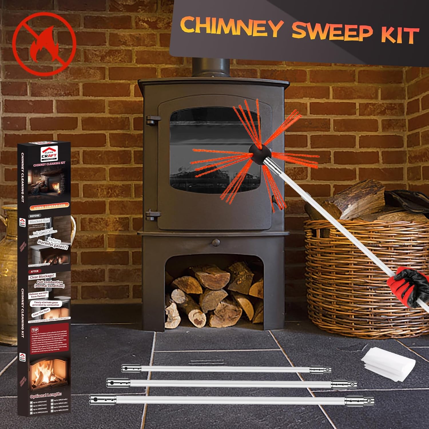 46 Feet Chimney Sweep Kit, Chimney Cleaning Kit with 14 Flexible White Chimney Rods, Chimney Brush