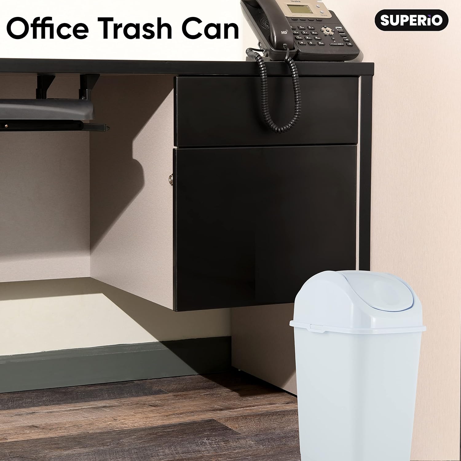 Superio Small Plastic Trash Can with Swing Top Lid, Compact Slim Waste Bin for Under Desk, Office