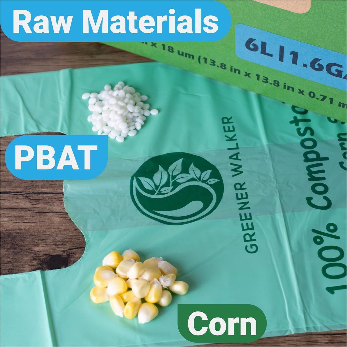 GREENER WALKER 100% Compostable Trash Bags with Tie Handles, 1.6 Gallon-150Bags, Food Scrap Kitchen