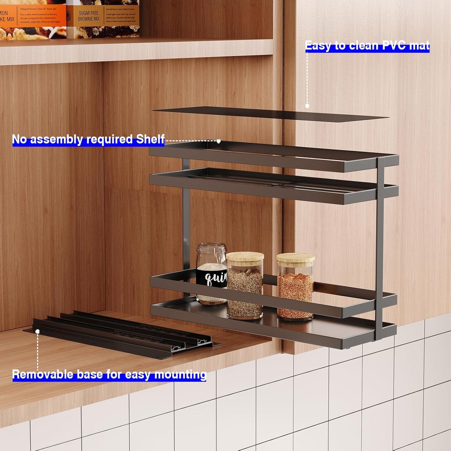 2 Pack Pull Out Spice Rack Organizer for Cabinet, 2 Tier Metal Slide Out Seasoning Organizer and