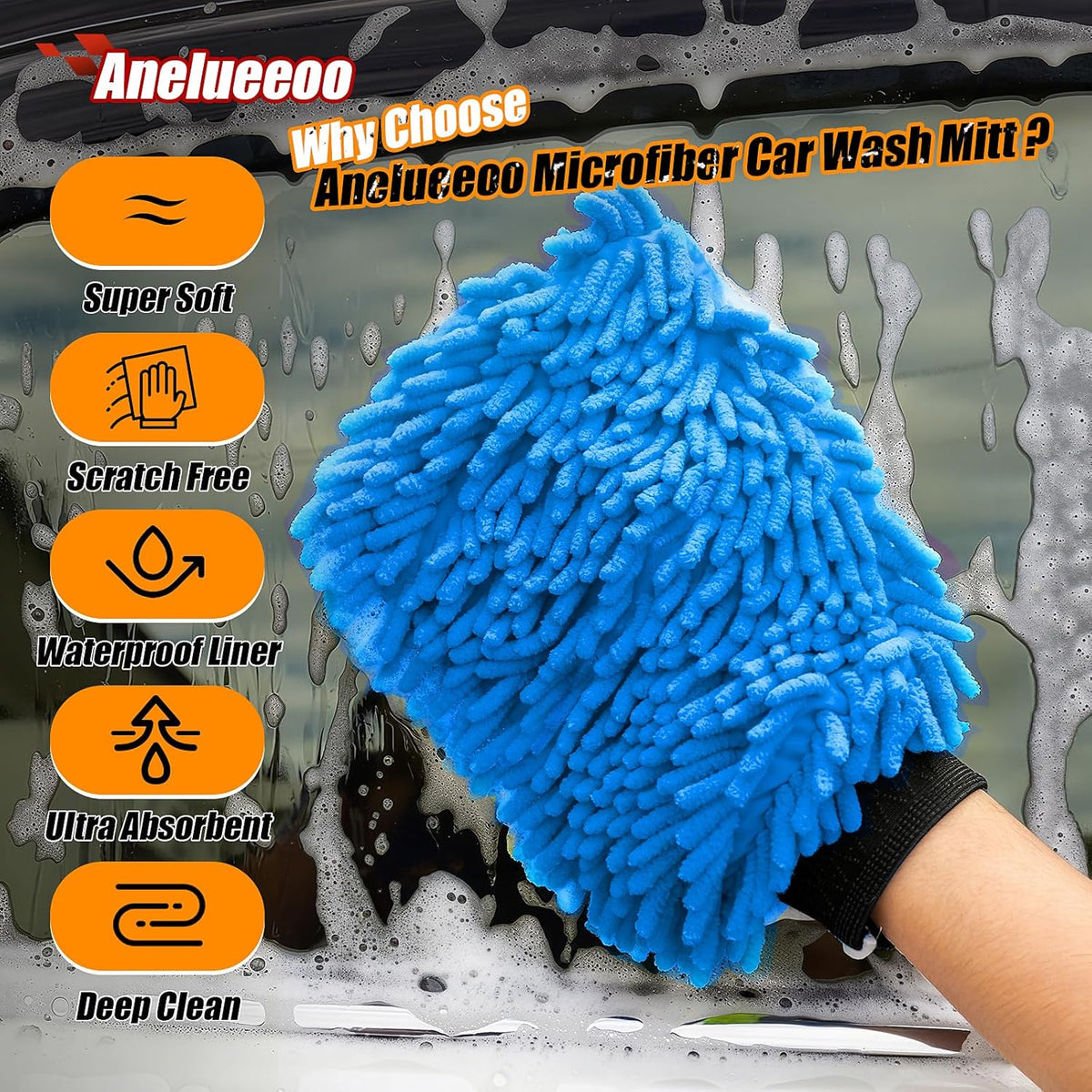 Car Wash Mitt Microfiber, Premium Chenille Microfiber Wash Car Mitts Sponge Scratch Free &