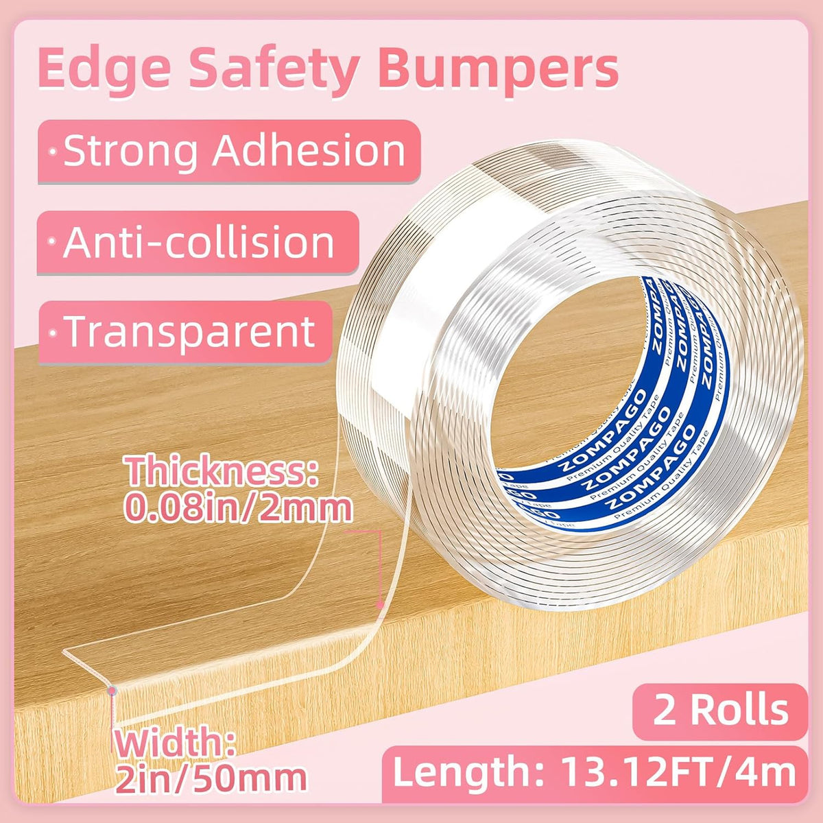Clear Soft Corner Protectors for Furniture Strip,2in x13FT,2 Rolls,Sharp Edge & Table Bumper,Window