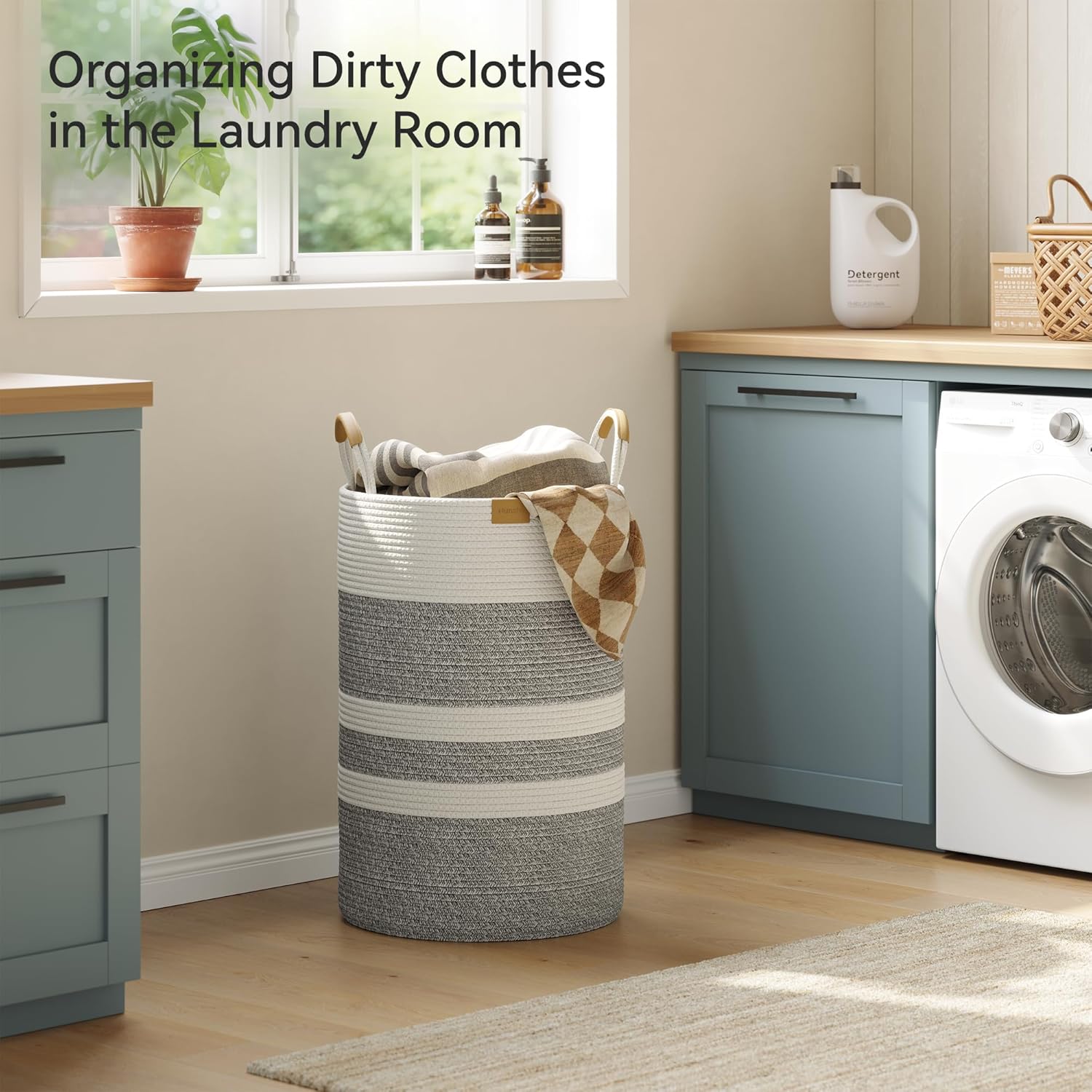 75L Striped Laundry Hamper with Leather Handles,Large Foldable Laundry Basket for Clothes,Cotton