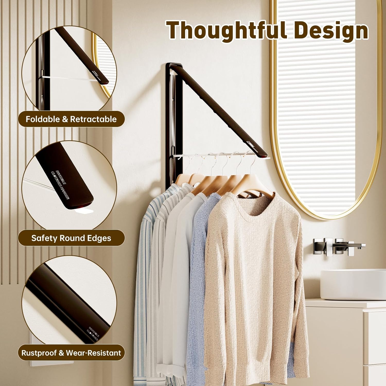 Clothes Drying Rack, Laundry Room Wall Mounted Retractable Clothes Hanger Drying Rack, Laundry