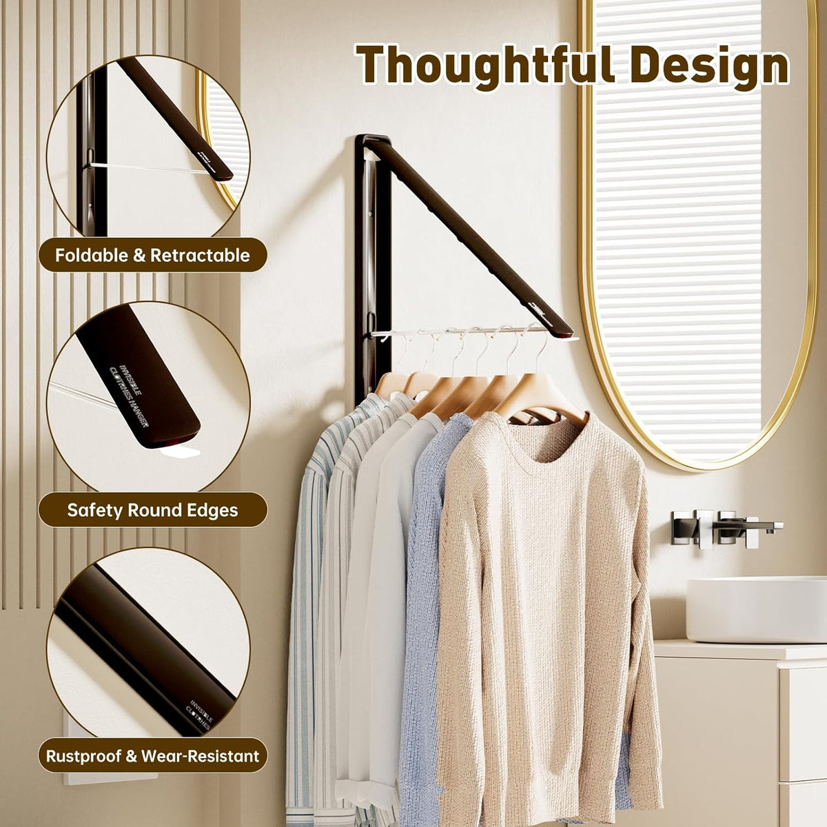 Clothes Drying Rack, Laundry Room Wall Mounted Retractable Clothes Hanger Drying Rack, Laundry