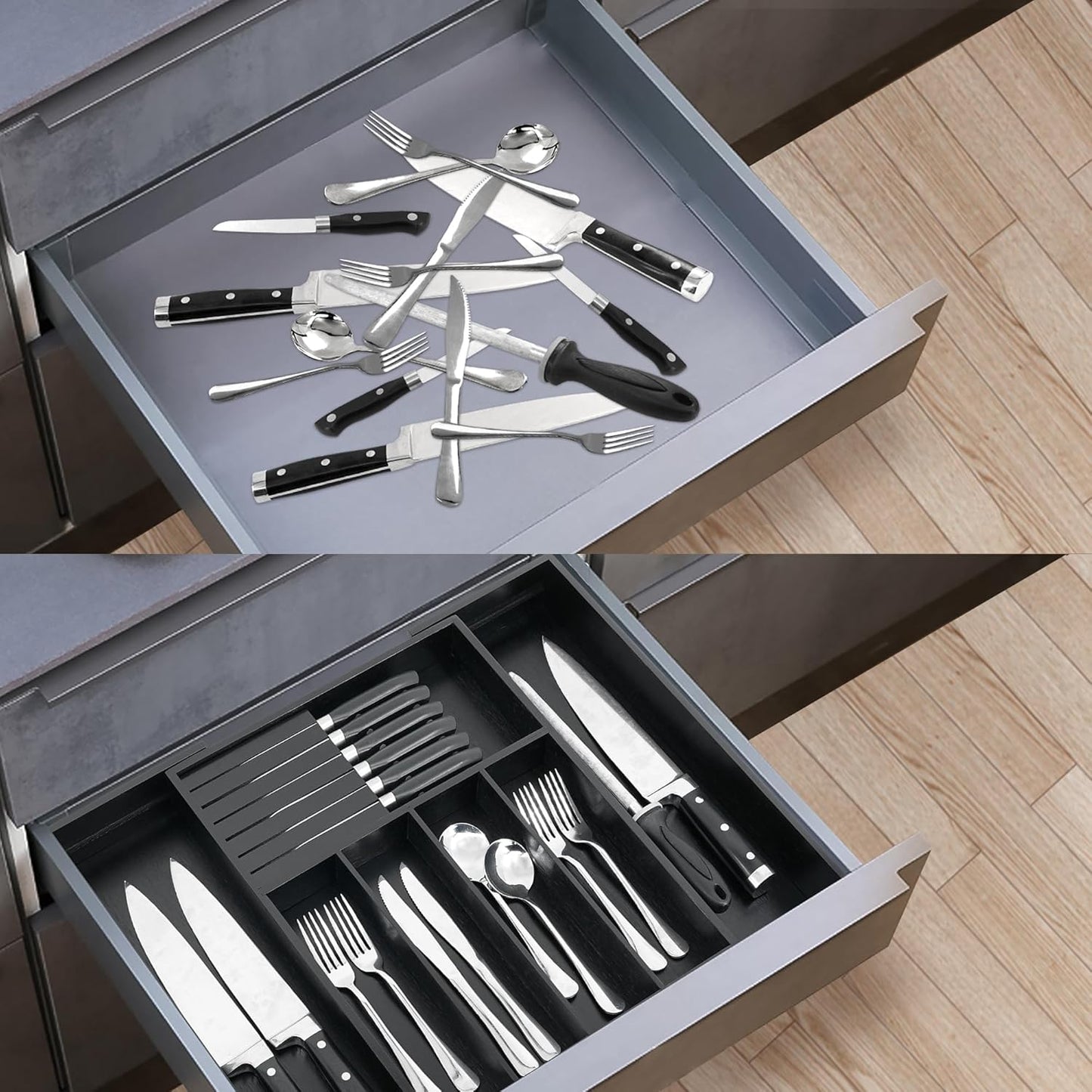 VaeFae Premium Bamboo Silverware Drawer Organizer Kitchen, Expandable Utensil Organizer with Knife