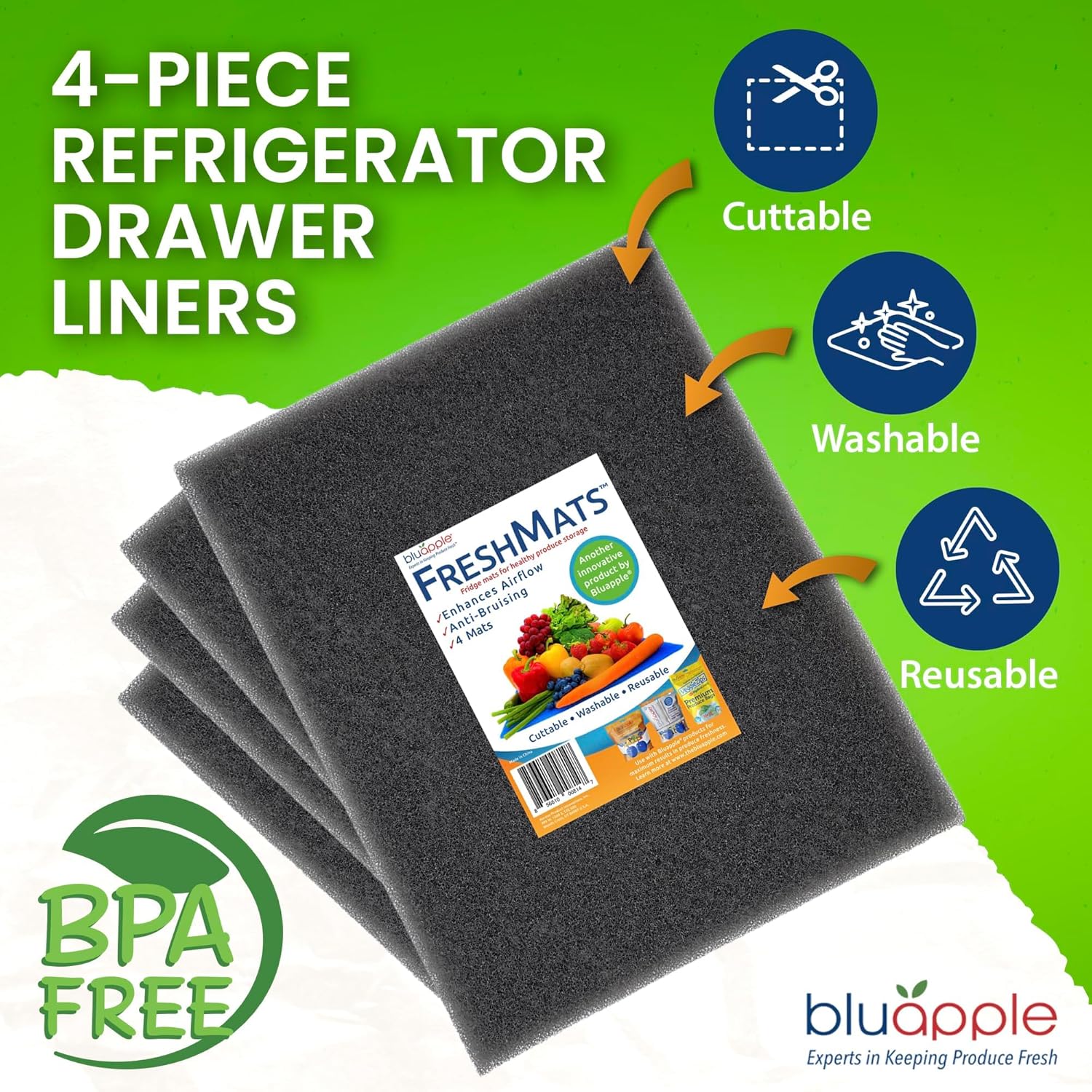 Bluapple FreshMats, Refrigerator Bin Liner, Fridge Drawer Mats, Crisper Life Extender Liner Keeps