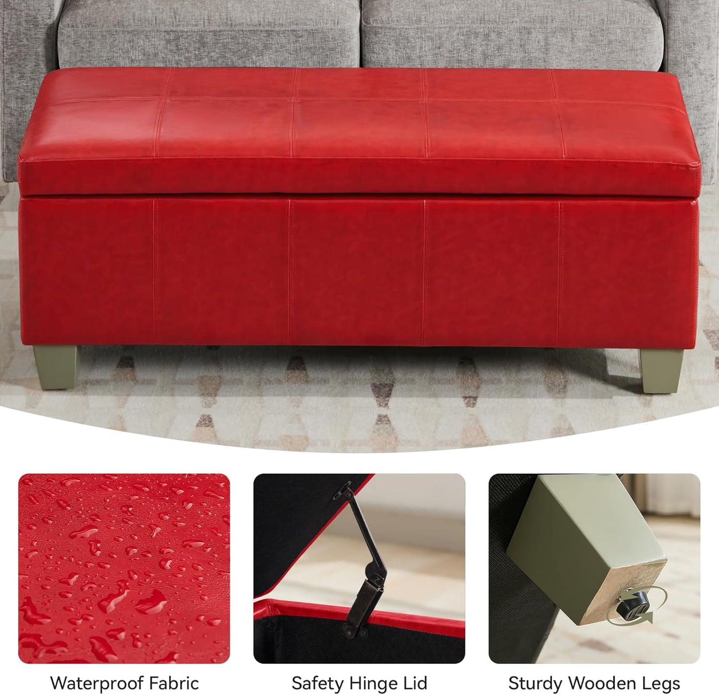 51" Faux Leather Storage Ottoman, Stitch Tufted Rectangle Upholstered End of Bed Storage Bench