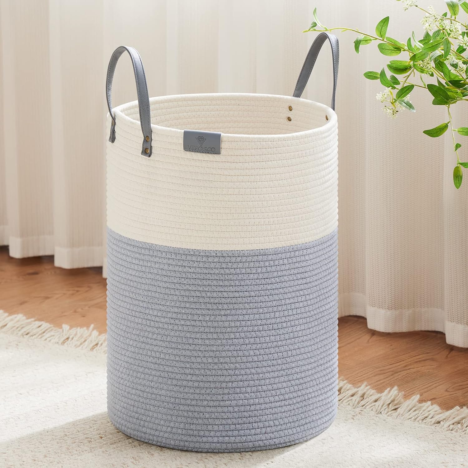 VIPOSCO Tall Laundry Basket, Large Dirty Clothes Hamper with Leather Handle, Woven Rope Storage