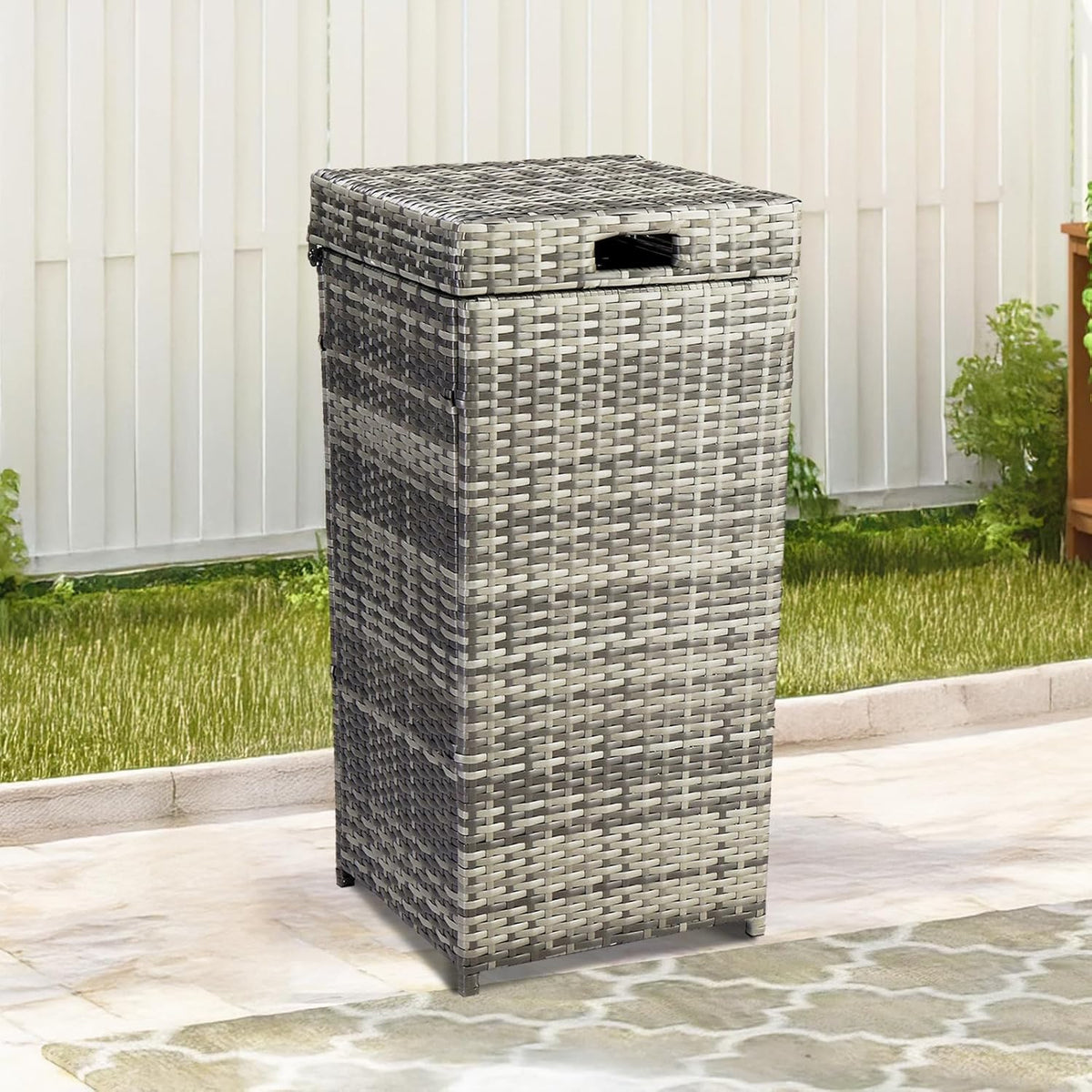 VINGLI Wicker Patio Trash Can, 27 Gallon Rattan Trash Can with Removable Lid, Outdoor Wicker Waste