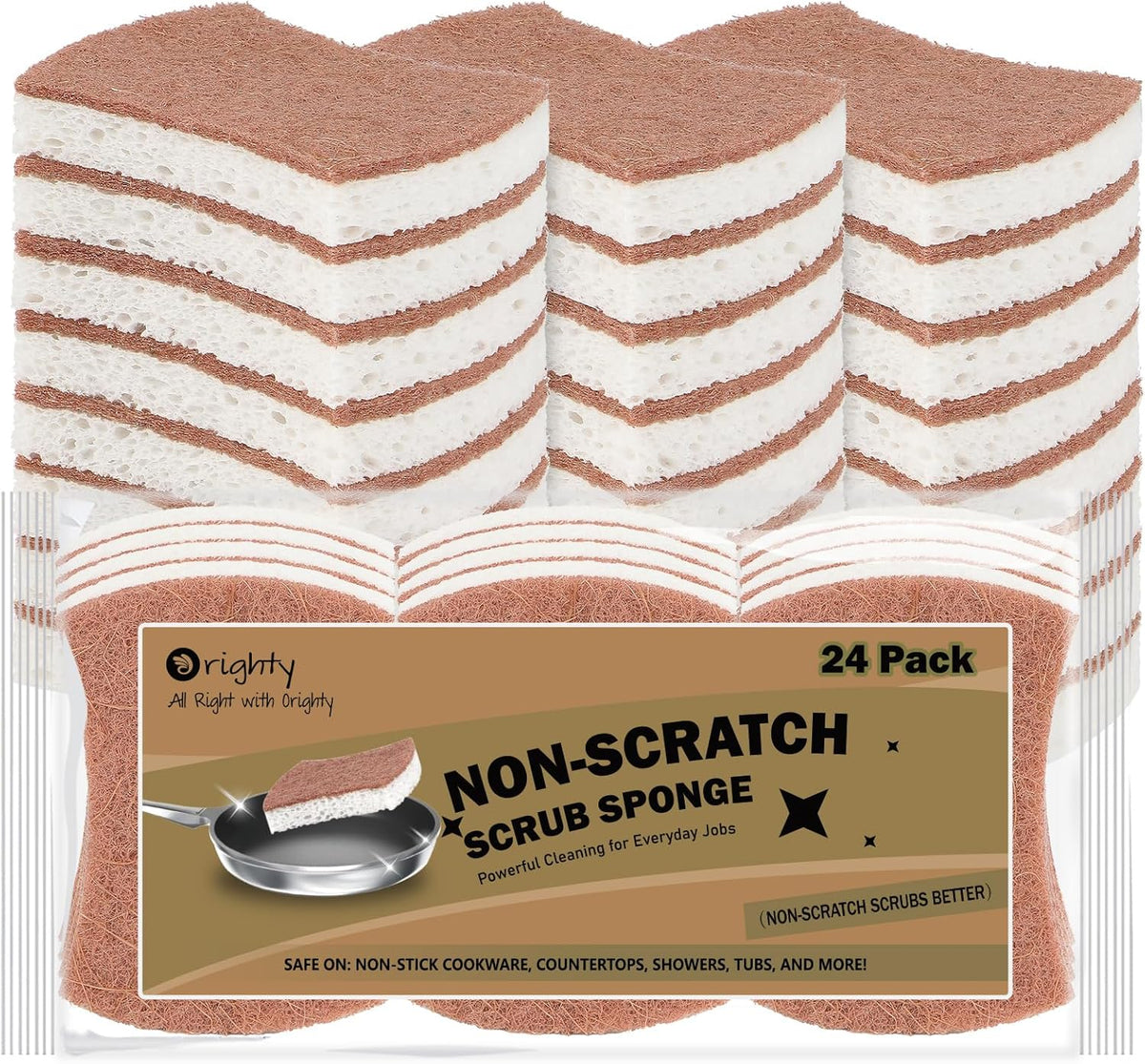 Orighty Non-Scratch Scrub Sponge, 24-Pack, Cellulose Kitchen Scrubber Sponges, Ideal for Kitchen