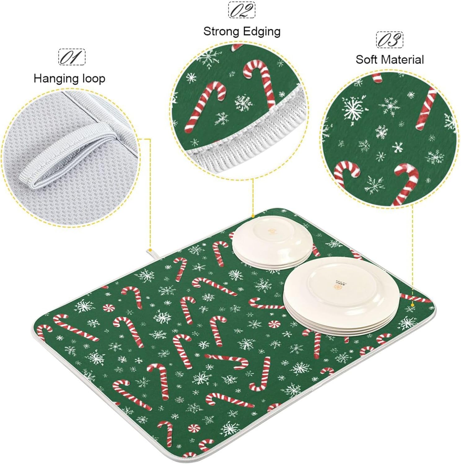 Christmas Candy Cane Dish Drying Mat for Kitchen Countertop 16x18 Winter Snowflake Green Xmas Small