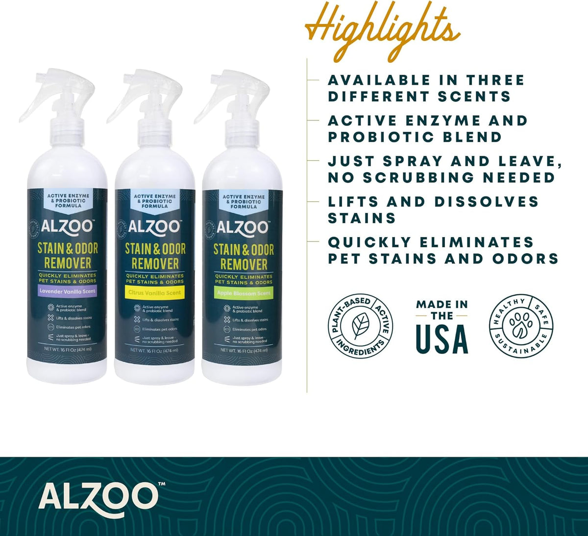 ALZOO Stain & Odor Remover, Quickly Lifts & Dissolves Pet Stains & Helps Eliminate Odors, 100%