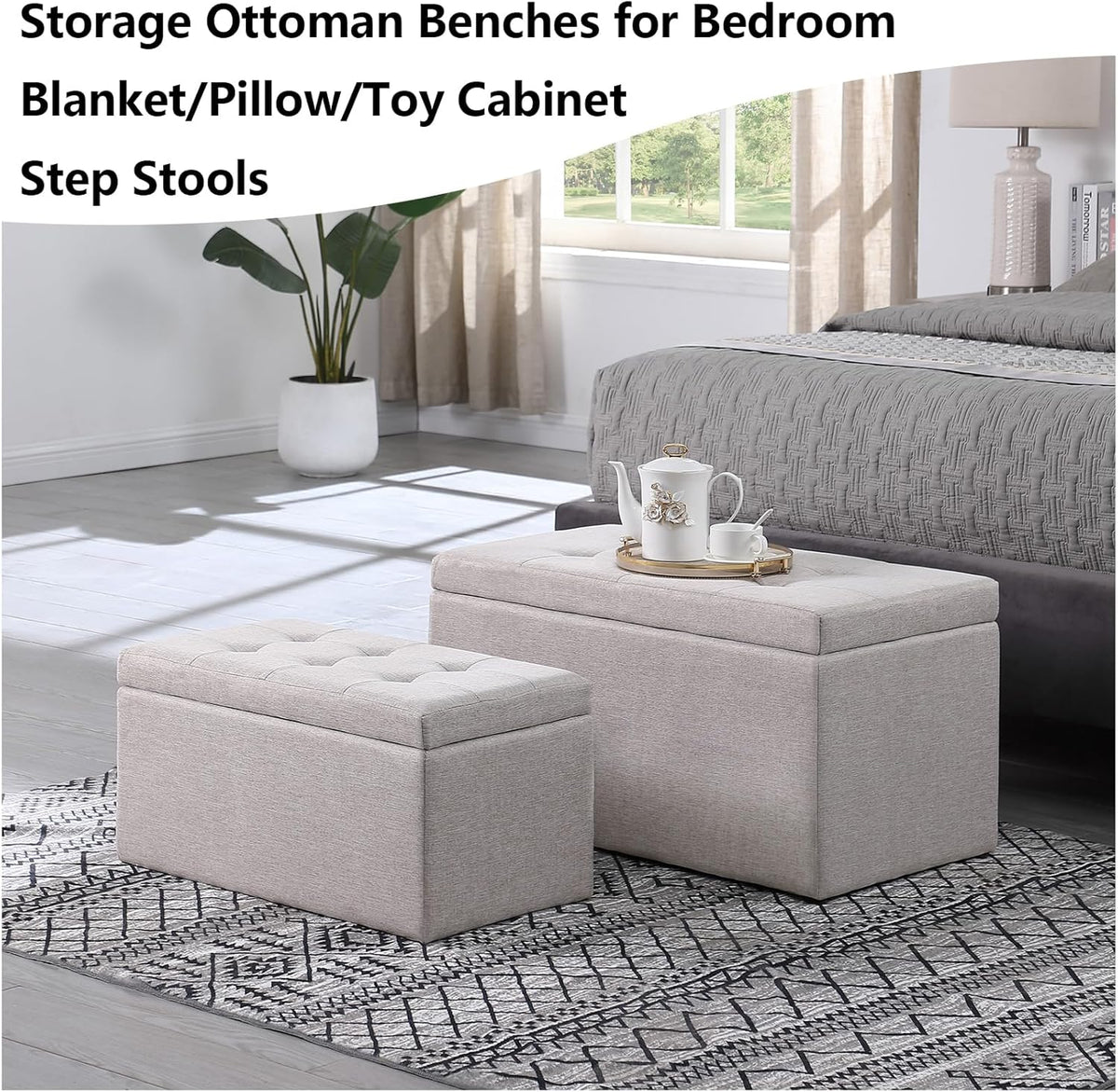 Storage Ottoman Bench with 2.56-inch Thick Seat, 31.5 inch Nesting Ottoman Set of 2, Hinged Flip