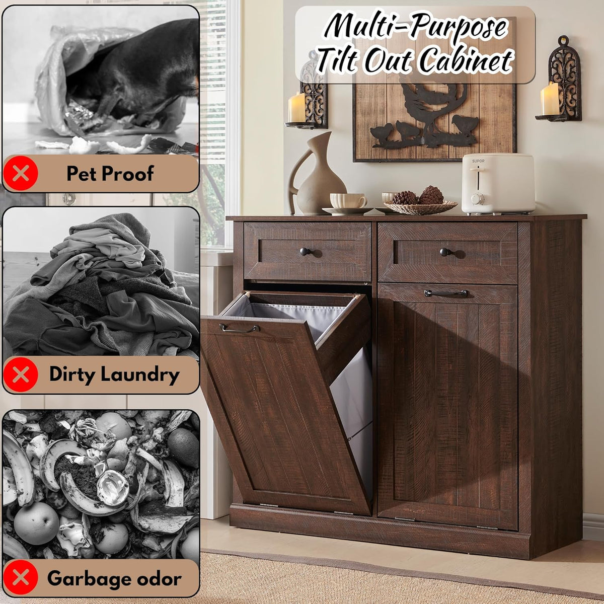 Double Tilt Out Laundry Hamper Cabinet, 20 Gallon Farmhouse Trash Can Cabinet with Drawer, Hidden