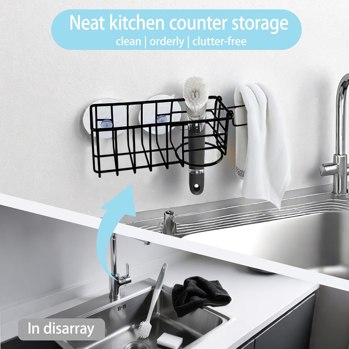 Sponge Holder with Dish Cloth Hanger for Kitchen Sink, In-sink Caddy Organizer with Suction Cups &