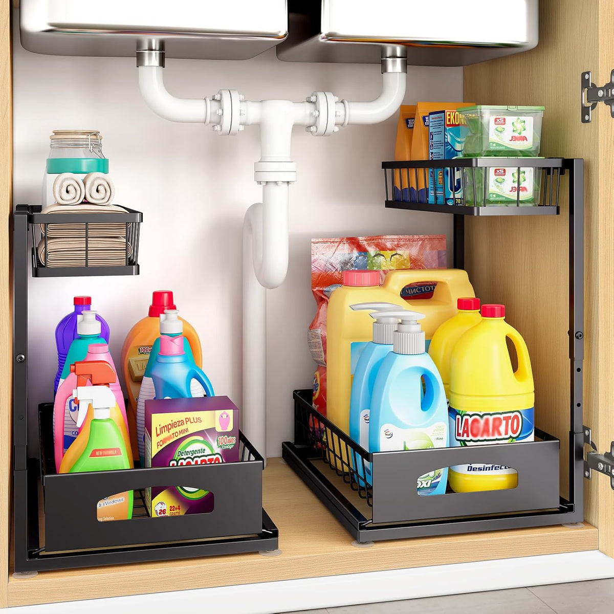 Under Sink Organizer, 2 Pack Height Adjustable Cabinet Organizer with Slide Out Drawer, Pull Out