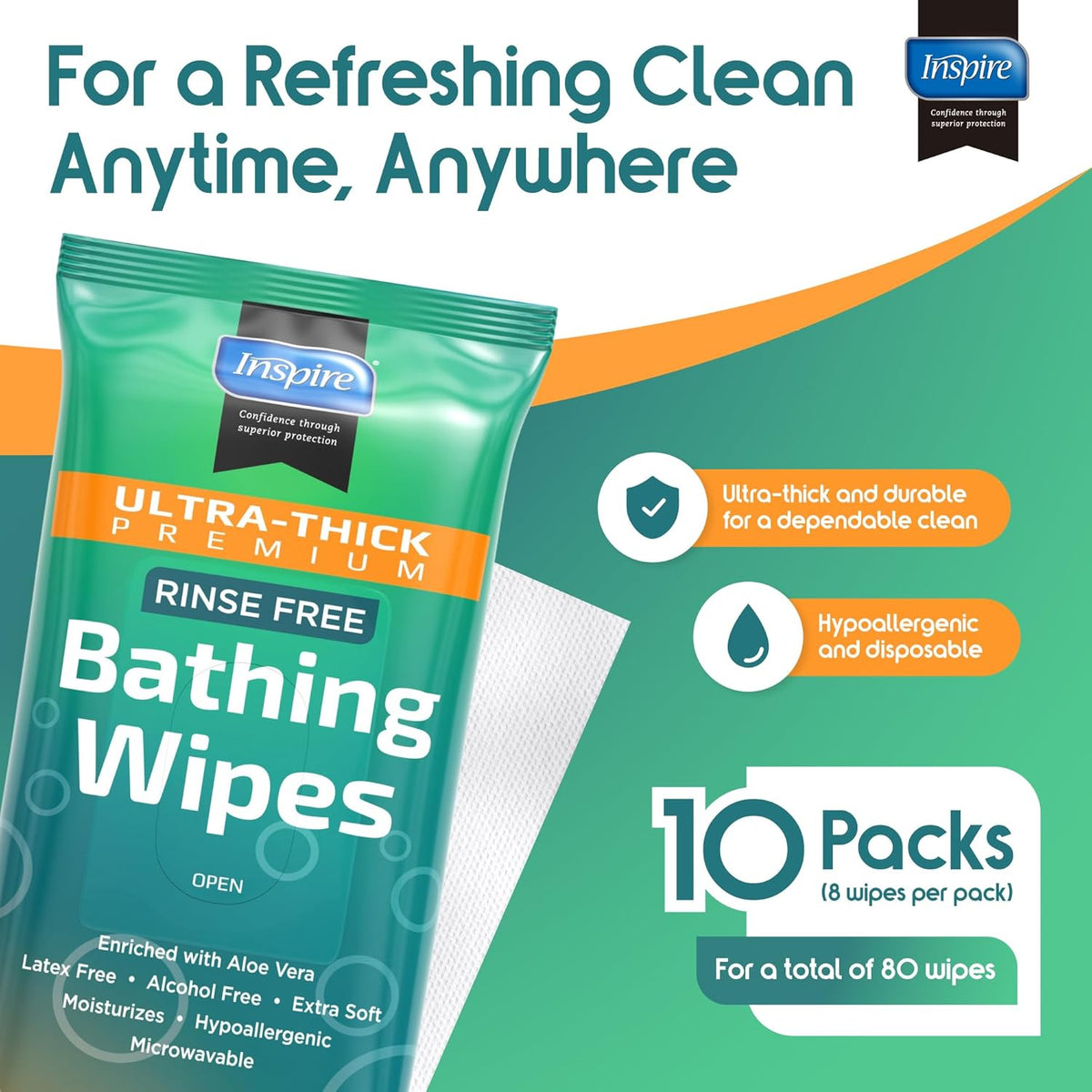 Inspire Ultra Thick Rinse-Free Bath Towels | Shower Towels - Flush-Free Wet Wipes with Aloe | Thick