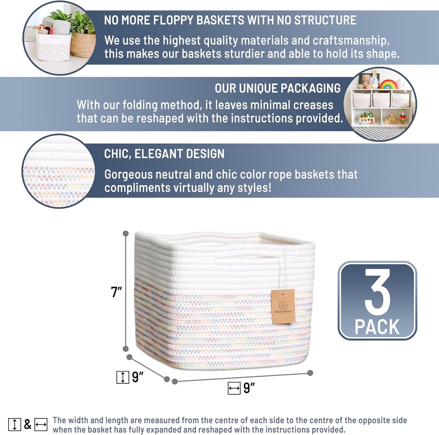 NaturalCozy Storage Cubes 9”x9”x7”Cotton Rope Woven Baskets for Organizing 3-Pack | 9 Inch Cube