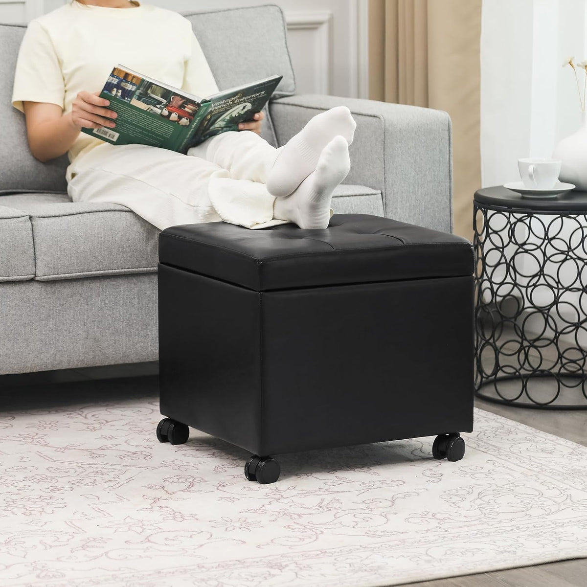 Adeco 17.7" Leather Ottoman with Wheels, Black Square Rolling Ottoman with Storage, Upholstered