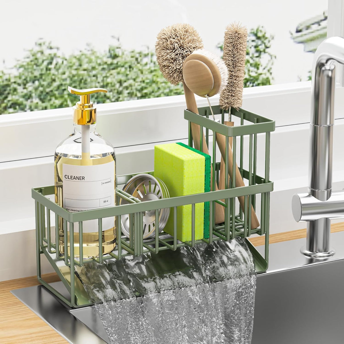 Cisily Kitchen Sink Caddy - Sponge Holder and Organizer with High Brush Holder, 304 Stainless