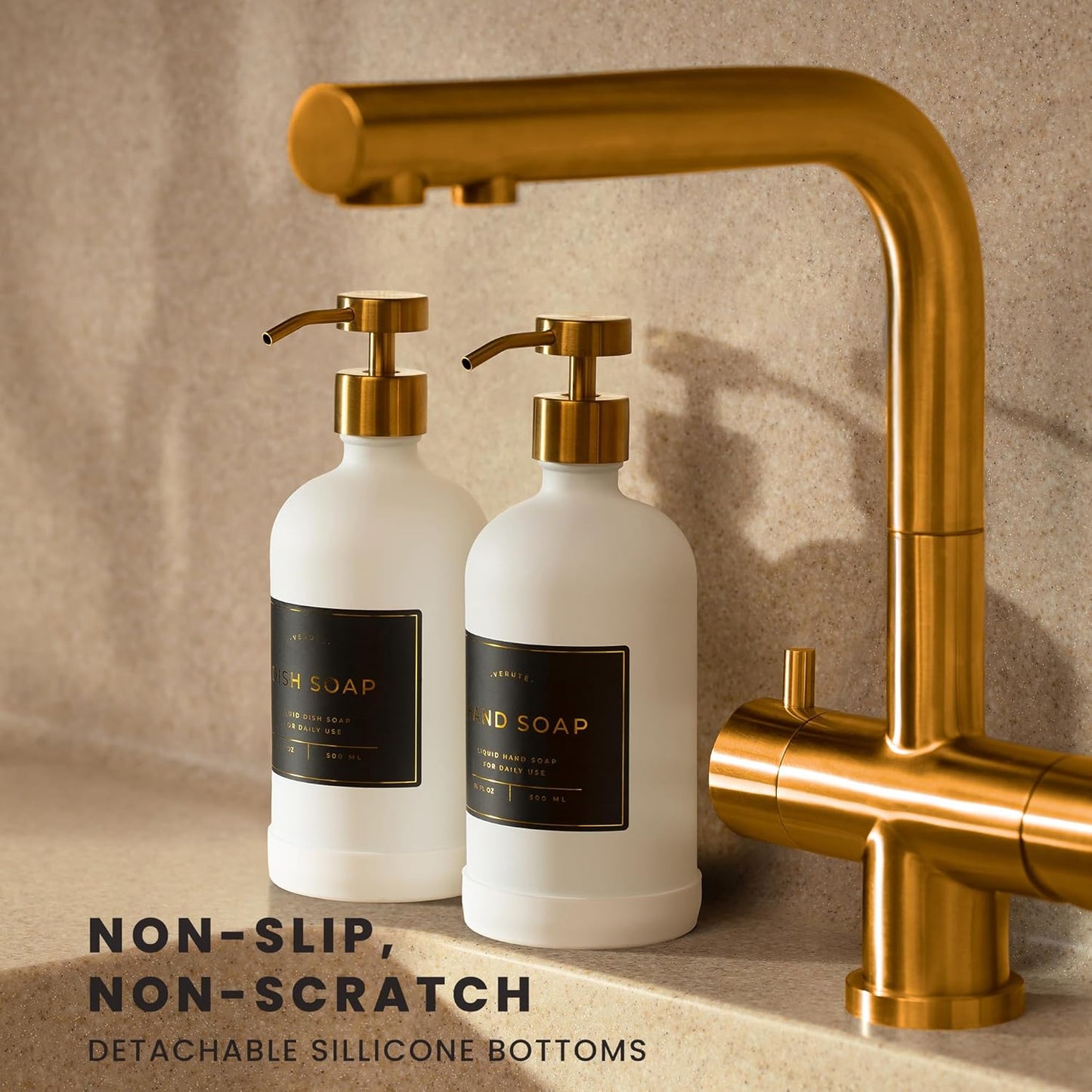 16oz Glass Soap Dispenser with Stainless Steel Pump, 21 Waterproof Labels, Non-Slip Protective