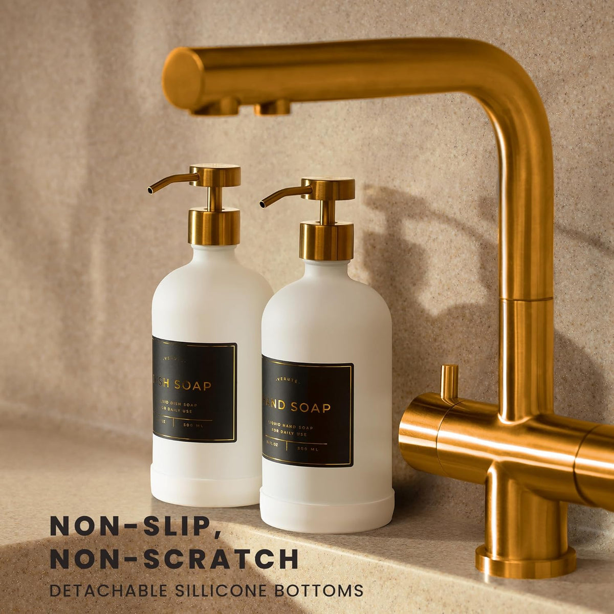 16oz Glass Soap Dispenser with Stainless Steel Pump, 21 Waterproof Labels, Non-Slip Protective