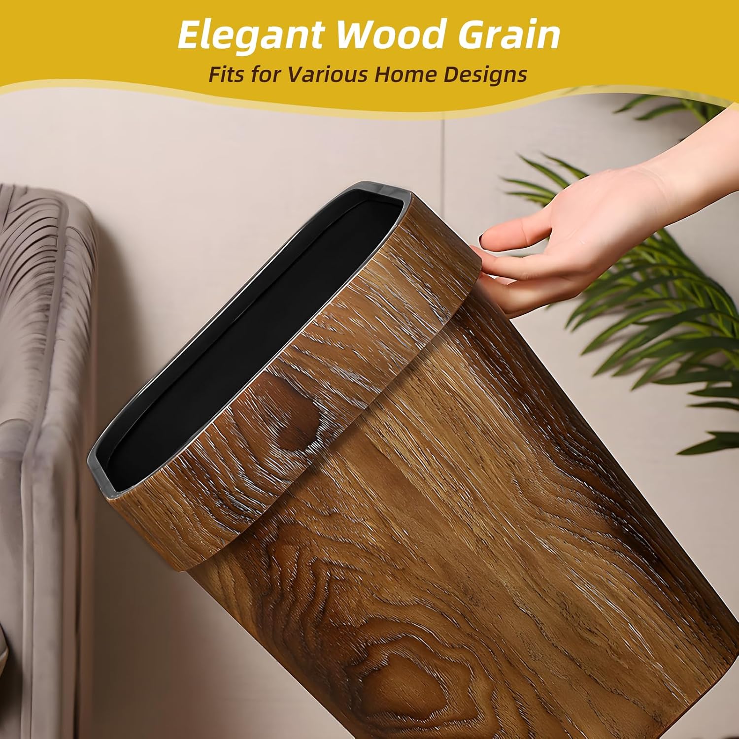 Wood Grain Plastic Trash Can Bedroom, Square 2-Pack, 3.7 Gal Farmhouse Wastebasket Bin Retro Style