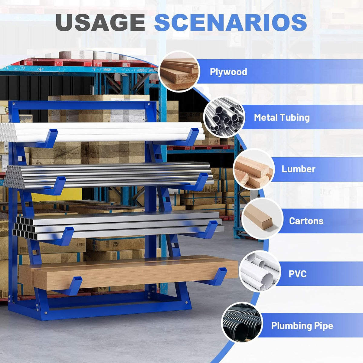 Steel Lumber & Pipe Storage Rack – Heavy Duty 4-Tier Horizontal Organizer Shelf for Garage