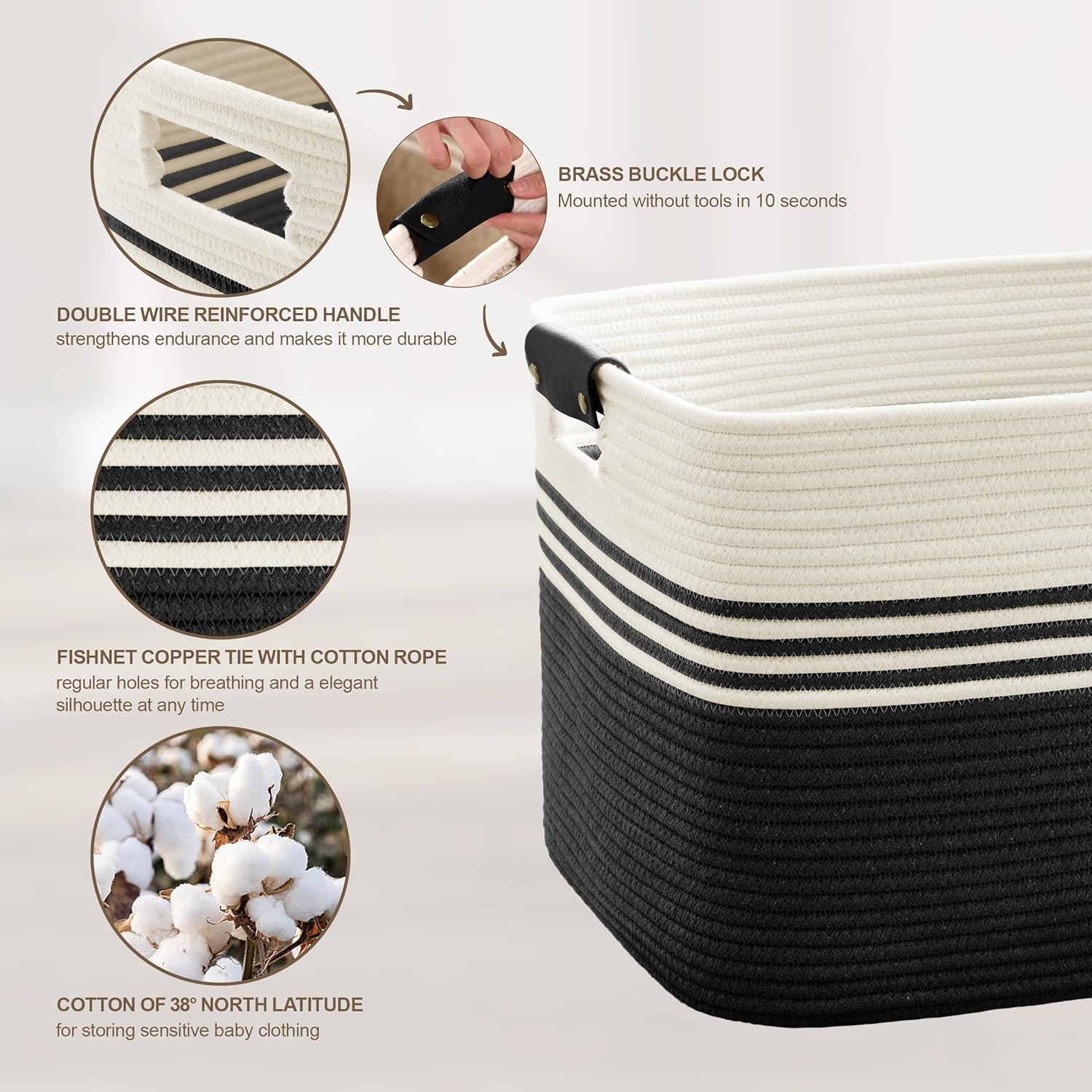 72L Large Laundry Basket with Leather Handles for Living Room Storage, Woven Rope Baskets Bin for