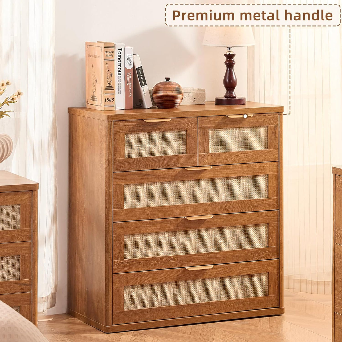 LEYAOYAO Rattan Dresser for Bedroom, 33.5" Tall Chest of Drawers, Modern 5 Drawers Boho Dressers