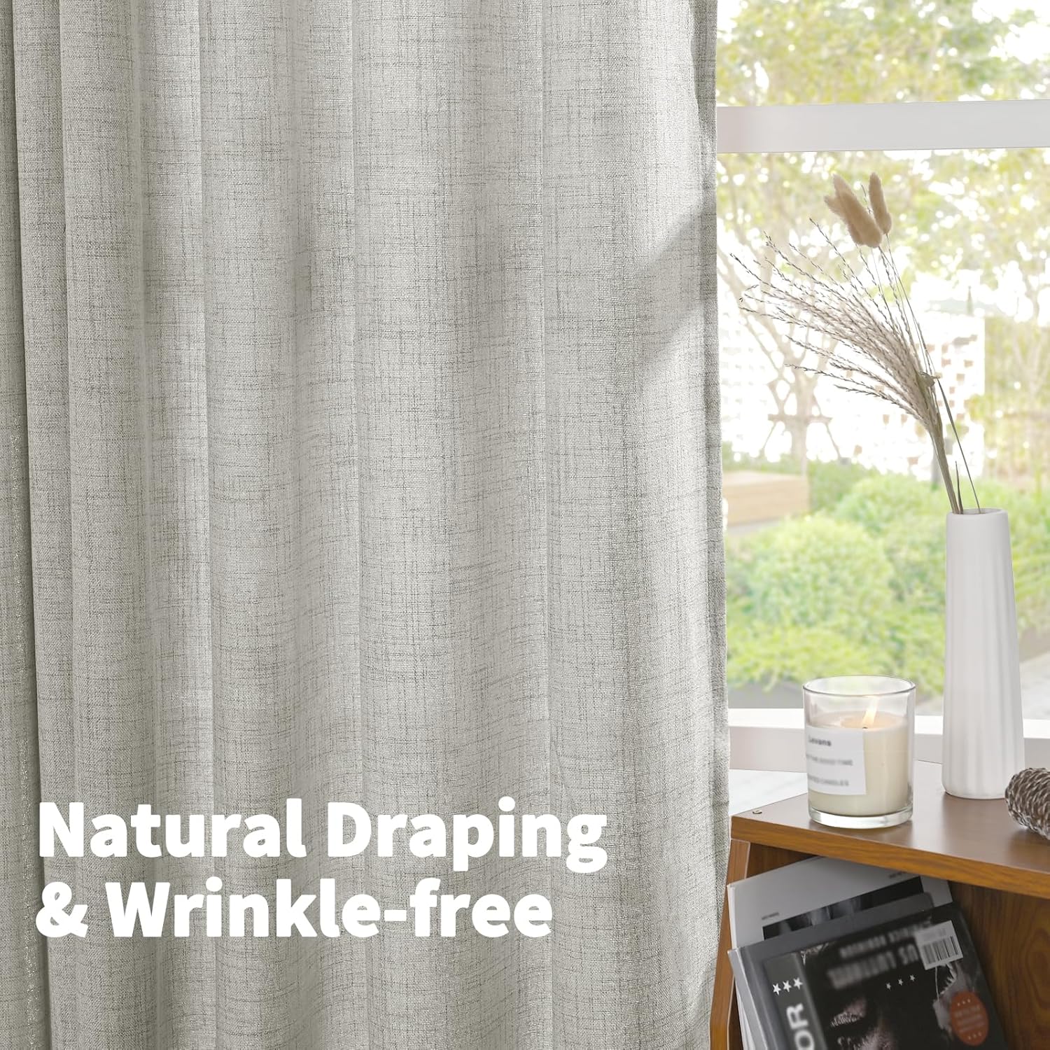 YoungsTex Light Grey Linen Curtains 95 Inches Long for Living Room, Floor Length Semi Sheer Drapes
