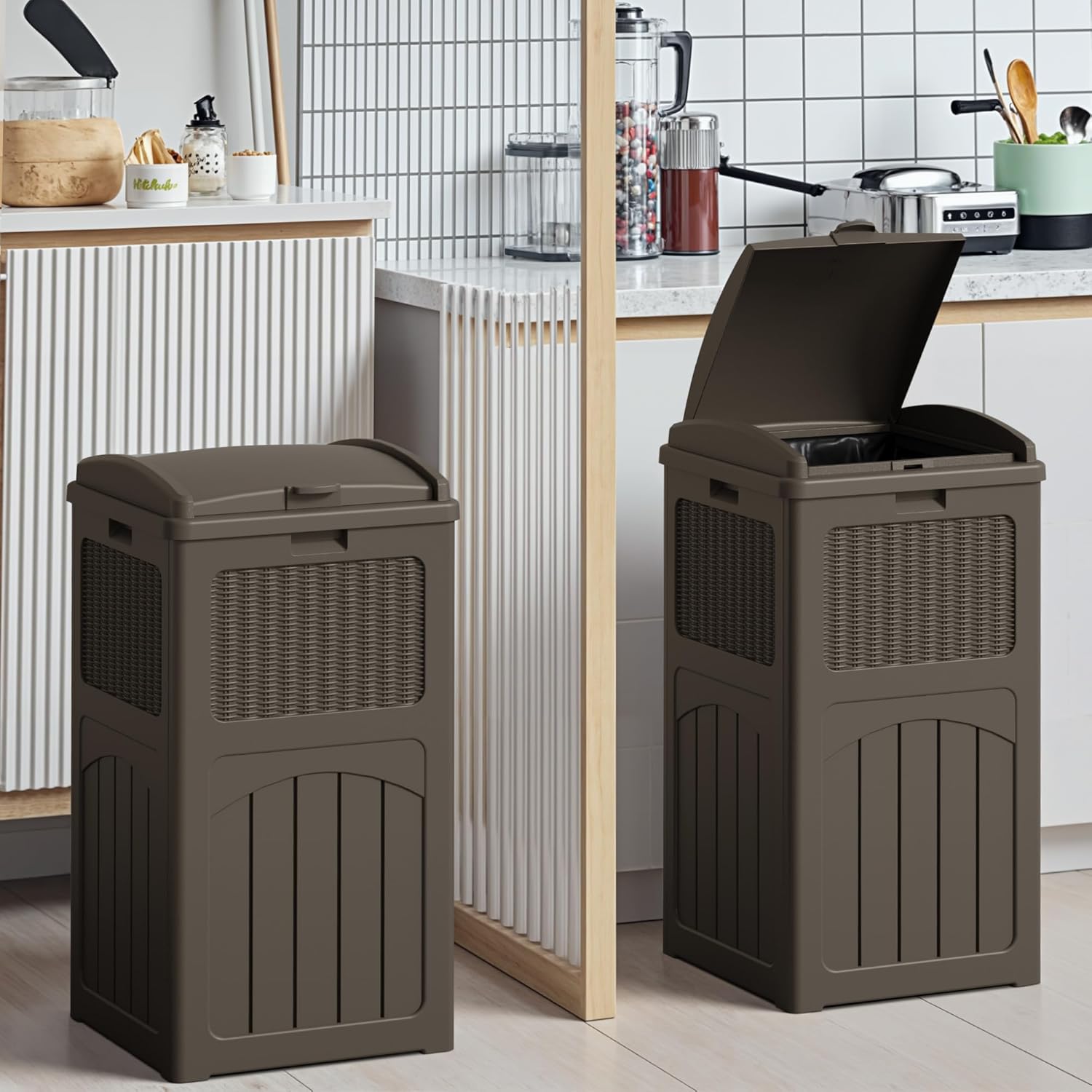 Devoko 33 Gallon Outdoor Trash Can with Dual Lid, Heavy Duty Waterproof Resin Garbage Bins Outside