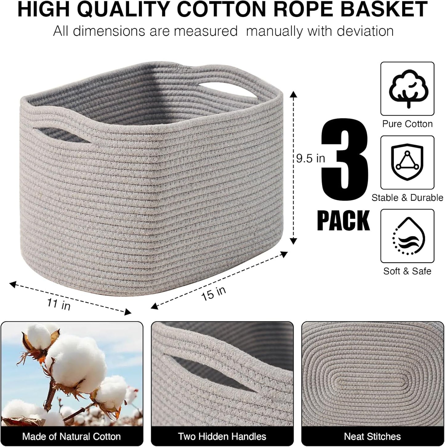 Storage Baskets for Organizing Shelves, Woven Cotton Rope Bins for Baby Nursery Organization, Book