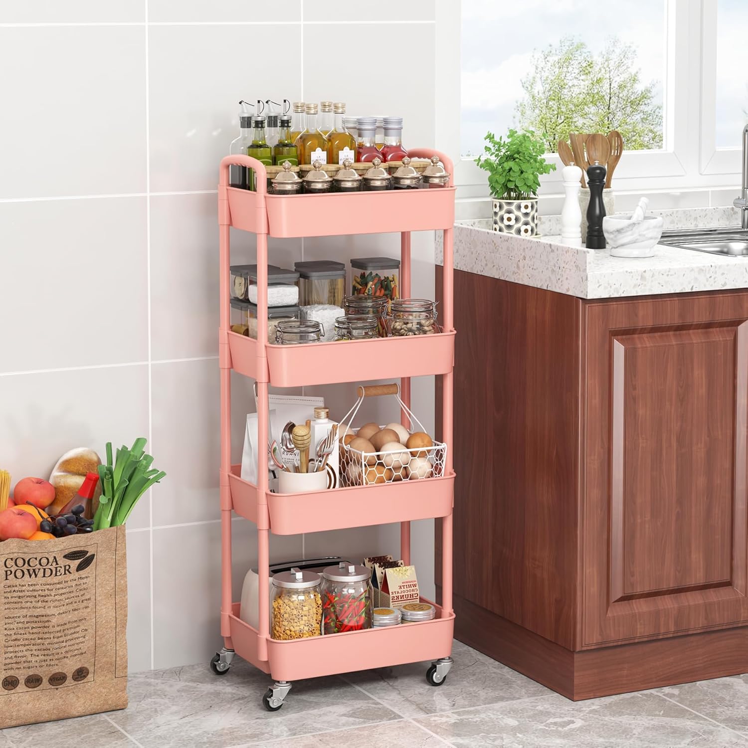 Sywhitta 4-Tier Plastic Rolling Utility Cart with Handle, Multi-Functional Storage Trolley for