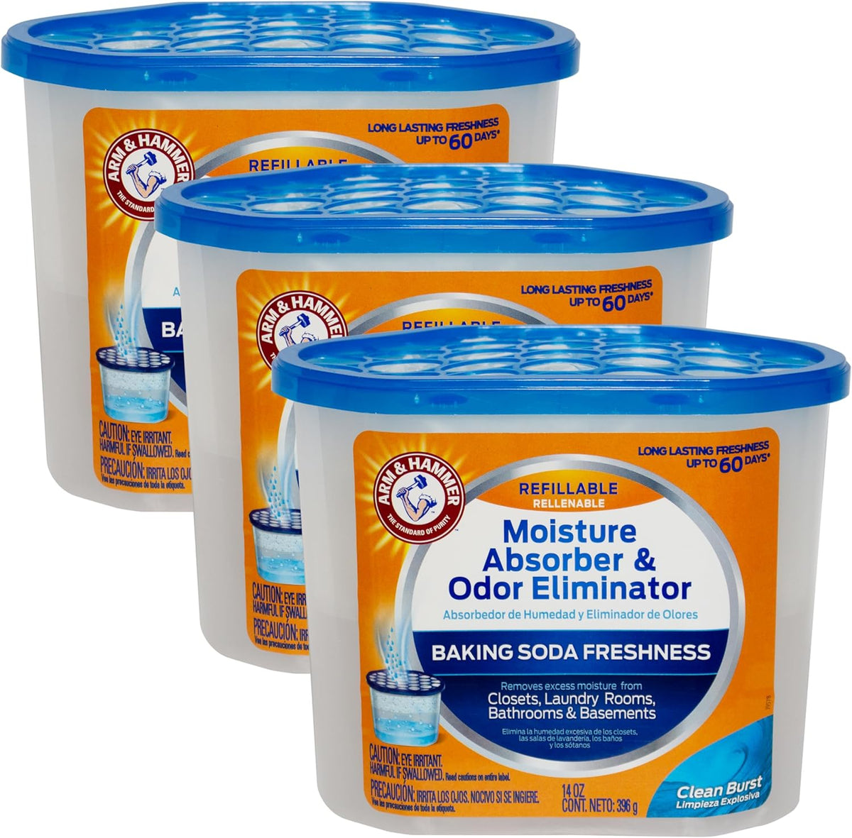 Arm & Hammer Clean Burst Moisture Absorber and Odor Eliminator Tubs, 14 oz, 3 Pack, Attract and