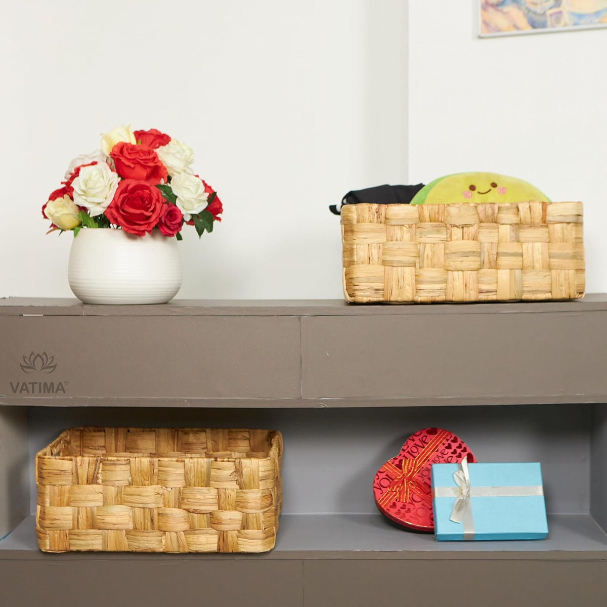Vatima Jumbo Wicker Storage Basket, Large Hyacinth Organizer, 16.9x12.1x7.1H Inches - Ideal for