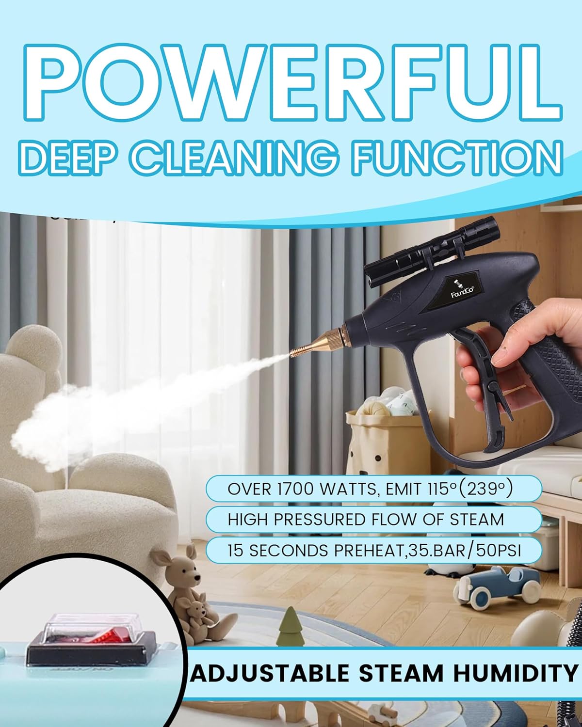 FoundGo 1700W Tankless Handheld Steam Cleaner with 7 Brushes 20s Heating to 239℉ Pressurized