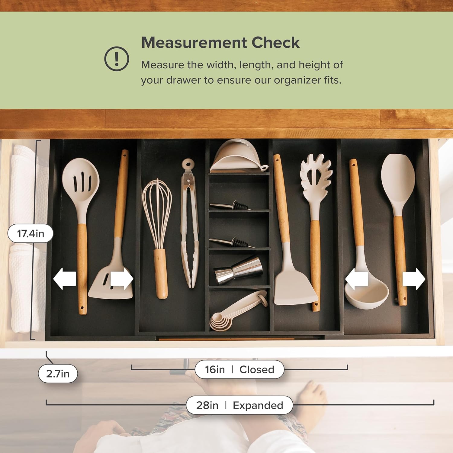 KitchenEdge Adjustable Kitchen Drawer Organizer for Utensils and Junk, Food-Safe Contract Grade