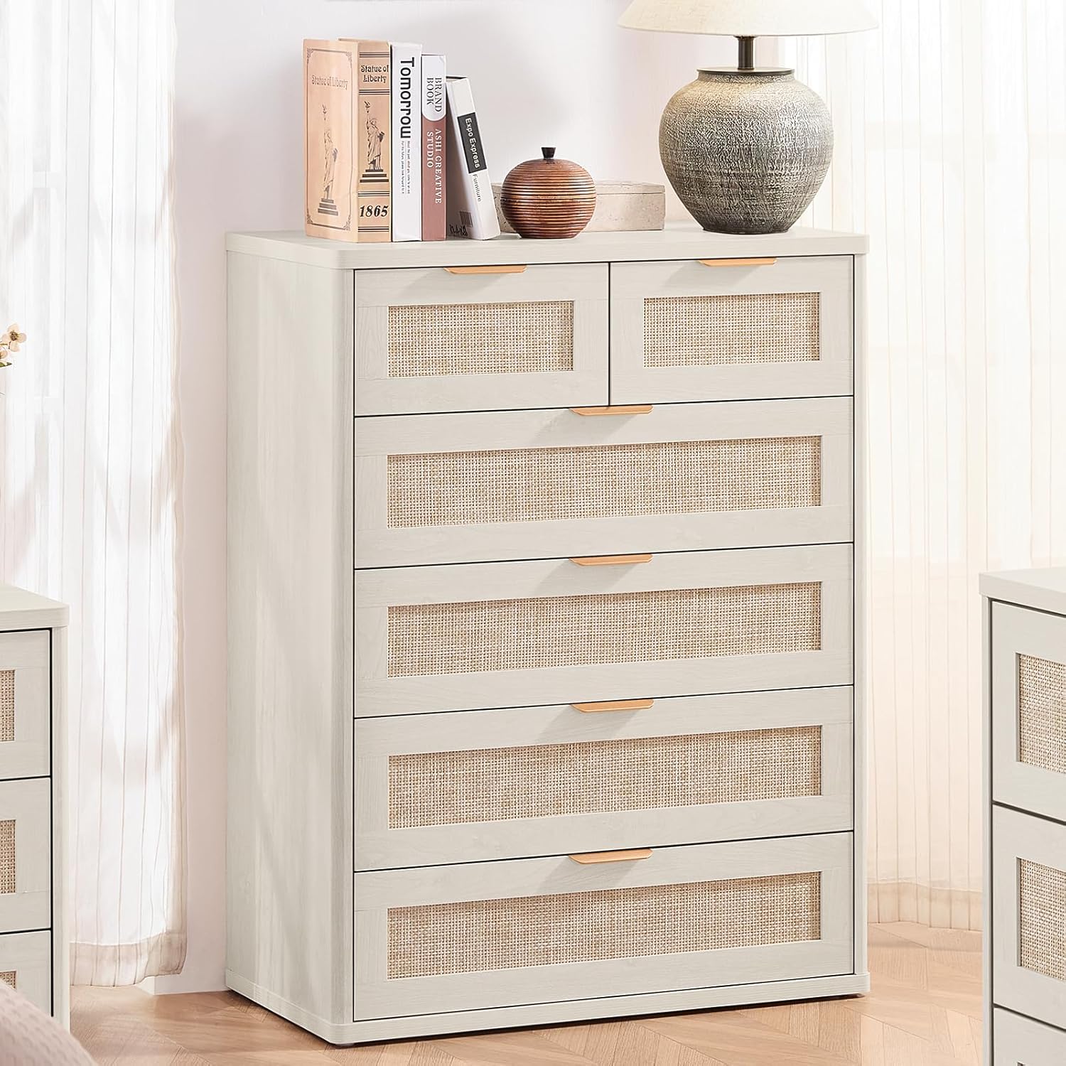 LEYAOYAO White Dresser for Bedroom, 42" Tall Chest of Drawers, Modern 6 Drawers Boho Rattan