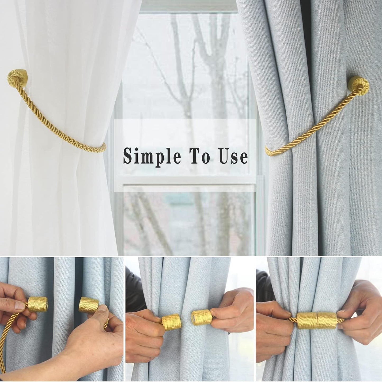 Magnetic Curtain Tiebacks 6 Pack Gold Curtain Rope Tieback Curtain Holders for Drapes Modern Tie