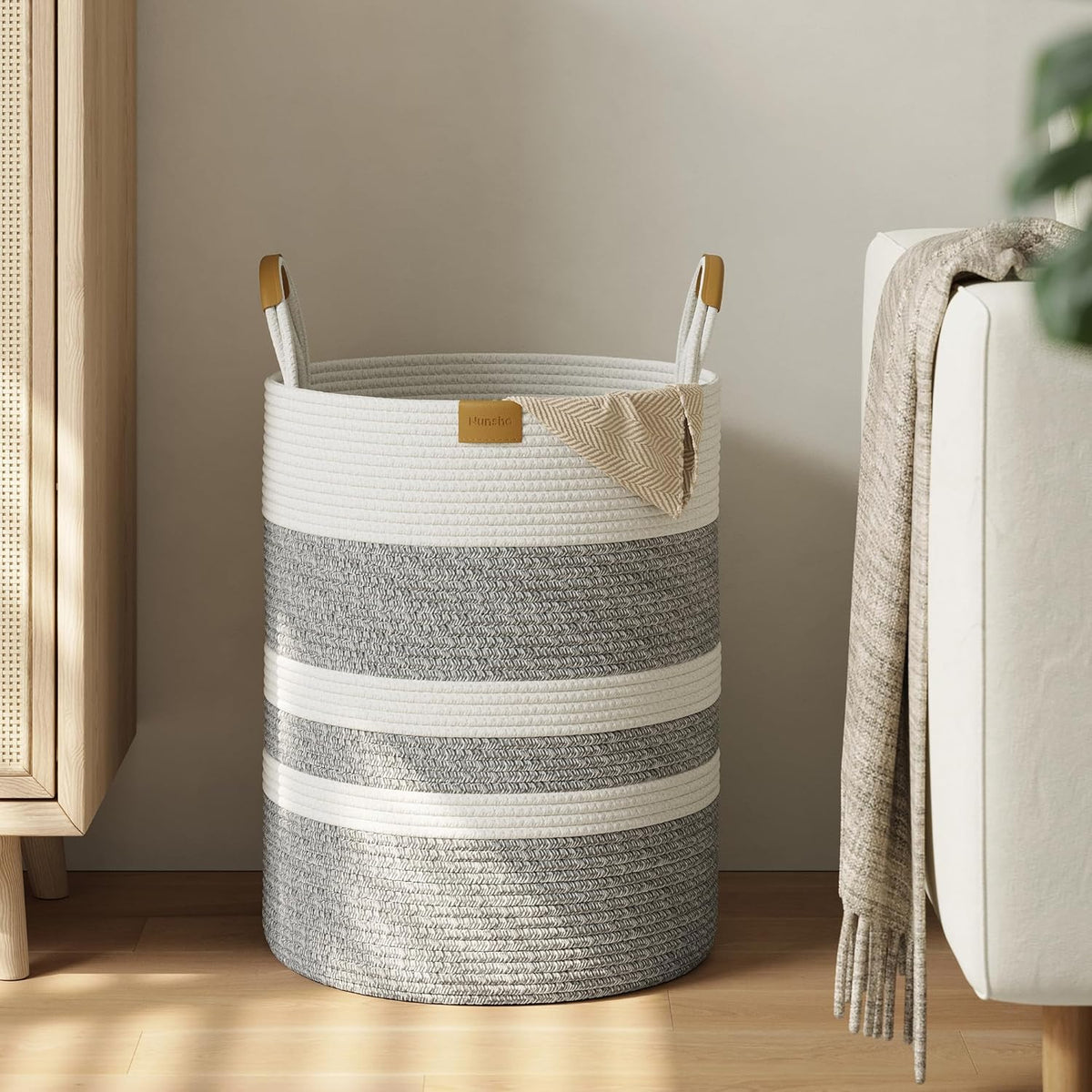 62L Striped Laundry Hamper with Leather Handles,Large Foldable Laundry Basket for Clothes,Cotton