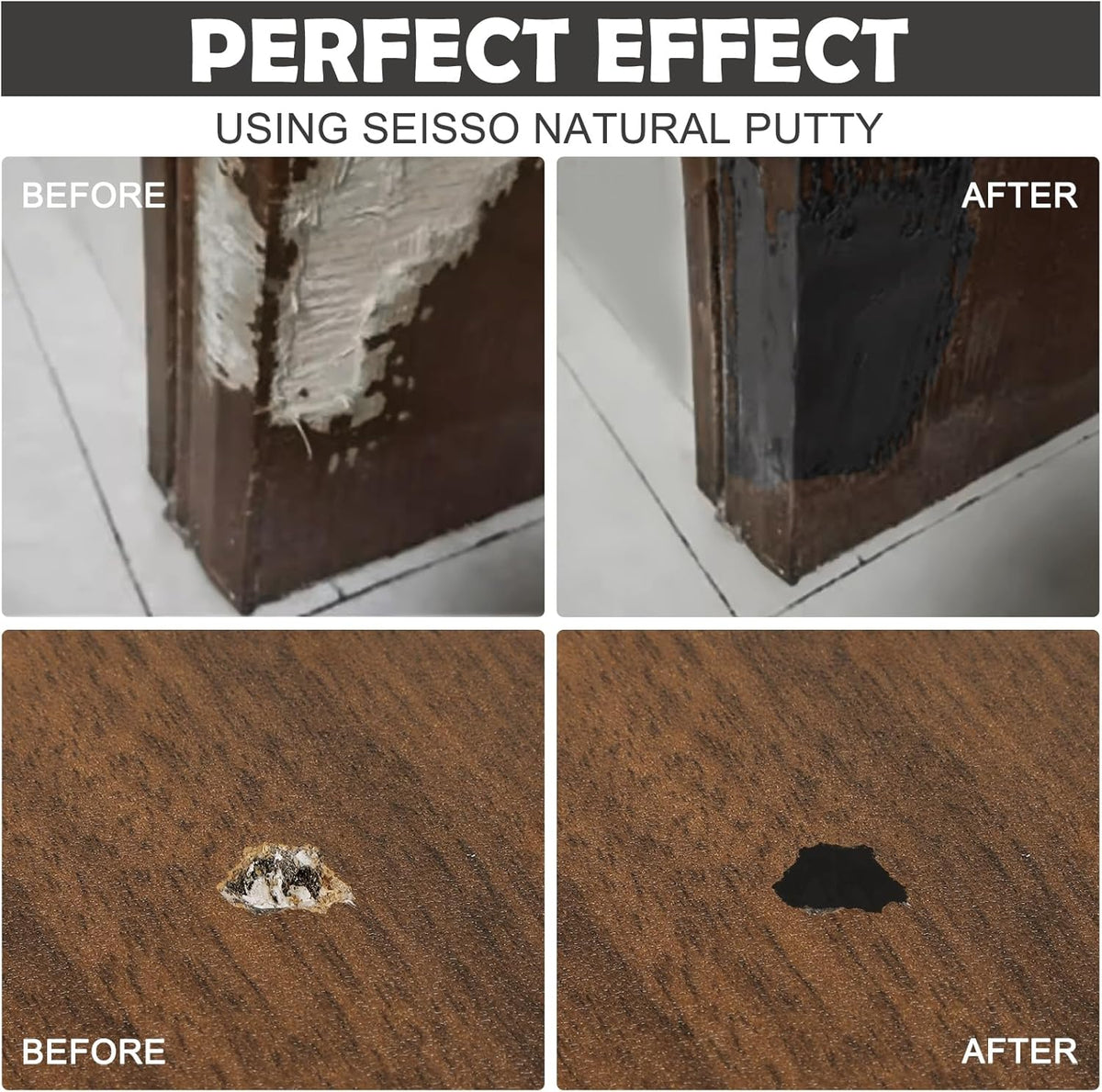 SEISSO Wood Putty, Black Wood Filler Paintable, Wood Putty Outdoor Waterproof, Wood Repair Putty