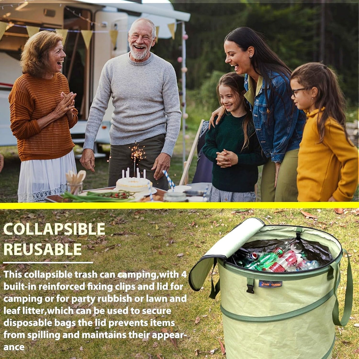 YUDI & GARDEN 29 Gallon Hard Bottom Collapsible Trash Can｜Collapsible Garden Bag｜Camping Trash Can