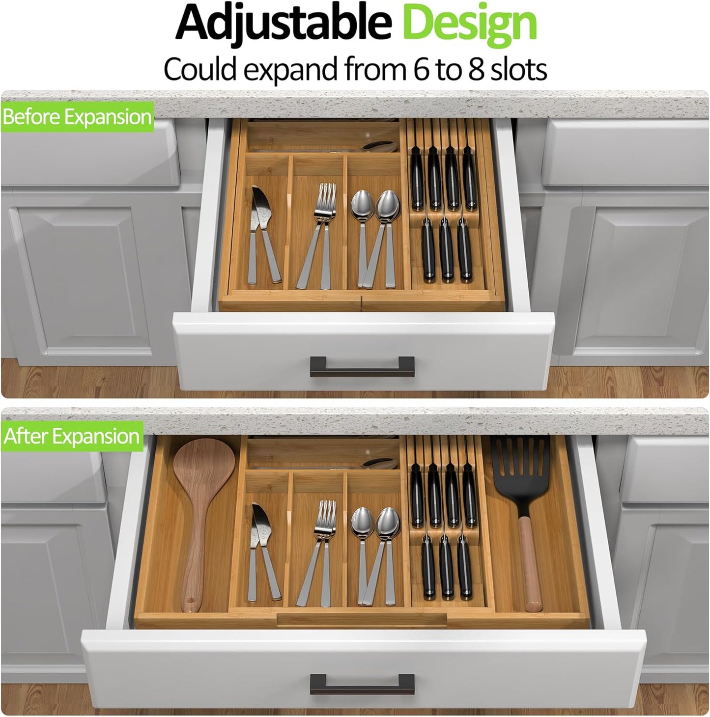 Bamboo Kitchen Drawer Organizer, Expandable Utensil Organizer with Removable Knife Block, Cutlery