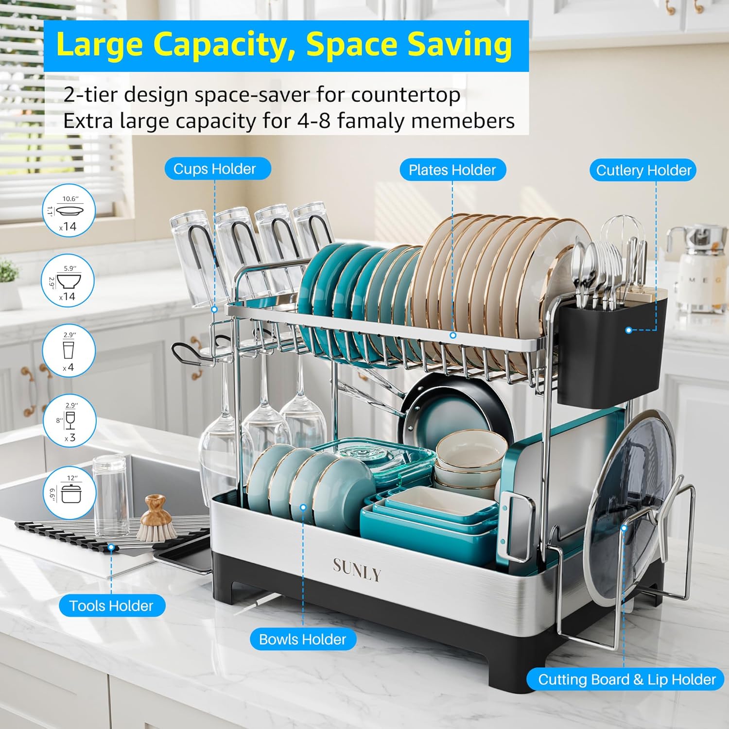 SUNLY 2 Tier Dish Drying Rack, Extra Large Dish Rack, Multifunctional Large Dish Drainers for