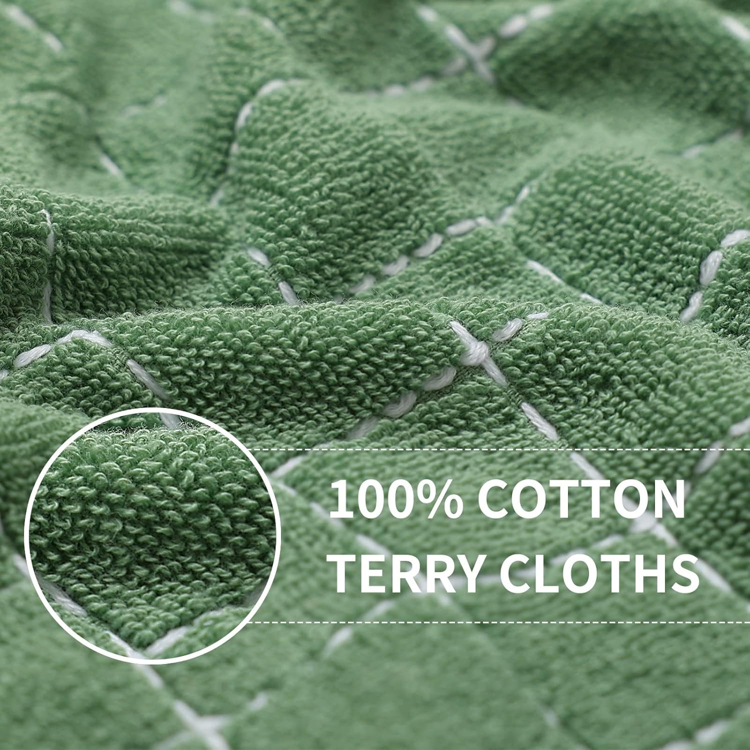 Homaxy 100% Cotton Terry Kitchen Towels(Grass Green, 13 x 28 inches), Checkered Designed, Soft and