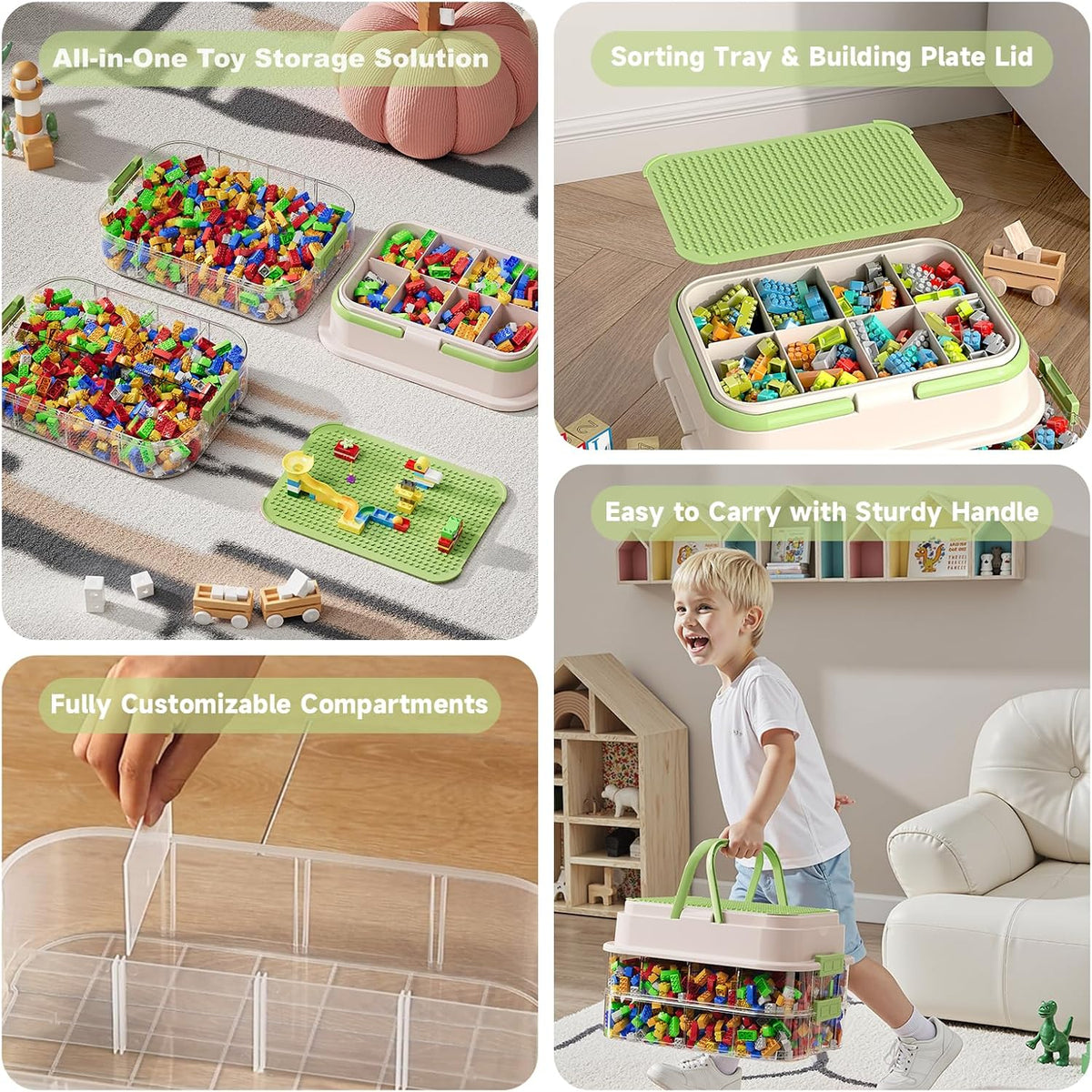 Toy Storage Organizer Box with Handle, Stackable Building Block Toy Box with Building Plate Lid &